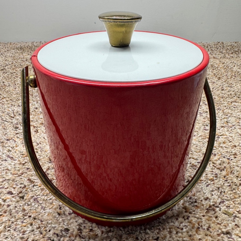 Vintage Gimbels Red Vinyl Ice Bucket Brass Handle Mid Century‎ Modern Made Italy